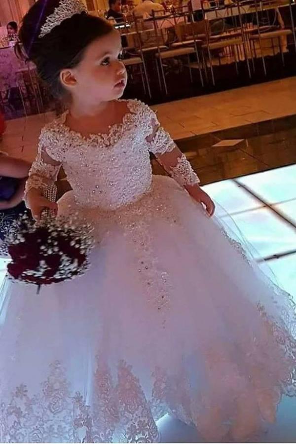 Cute Ball Gown Long Sleeves Tulle Flower Girl Dress with Lace Appliques - photo 1