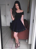 Cute Black Short A-line Off Shoulder Lace Prom Homecoming Dresses by BIZTUNNEL