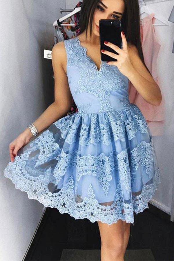 Cute Blue Lace Short Prom Dress Blue Lace Homecoming Dress PG172 by pgmdress