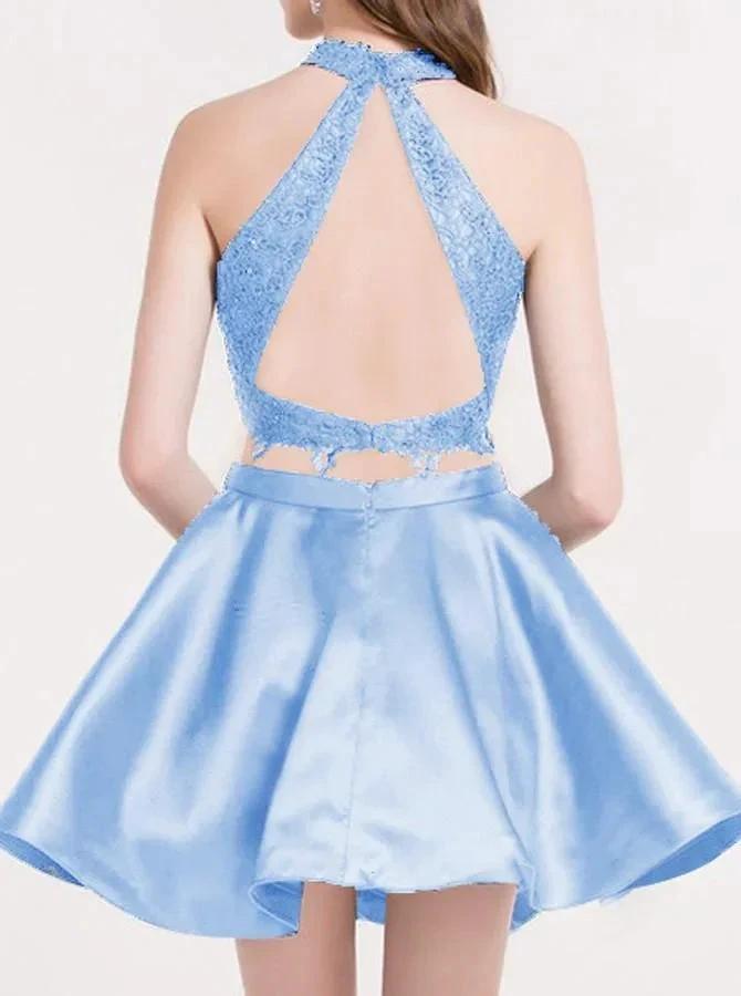 Cute Blue Two Pieces Lace Satin Short Prom Dress Homecoming Dress PG196 by pgmdress