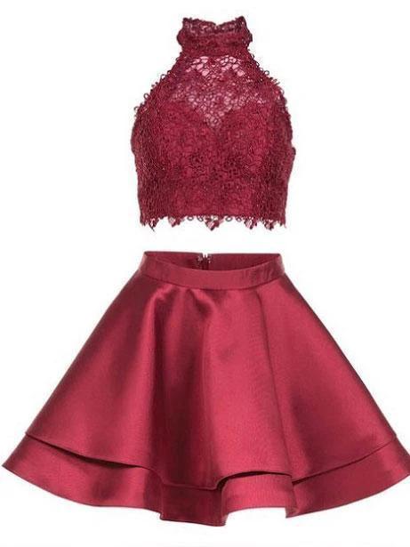 Cute Blue Two Pieces Lace Satin Short Prom Dress Homecoming Dress PG196 by pgmdress