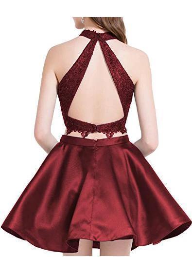 Cute Blue Two Pieces Lace Satin Short Prom Dress Homecoming Dress PG196 by pgmdress