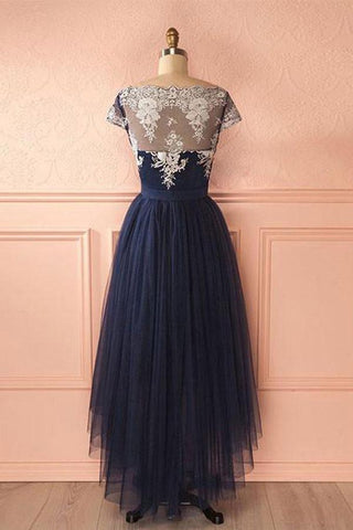 Cute Dark Blue Tulle Lace High Low Prom Dress Evening Dresses PG421