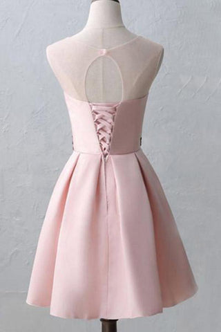 Lindos vestidos de fiesta cortos con escote redondo en rosa, con ilusión PD217