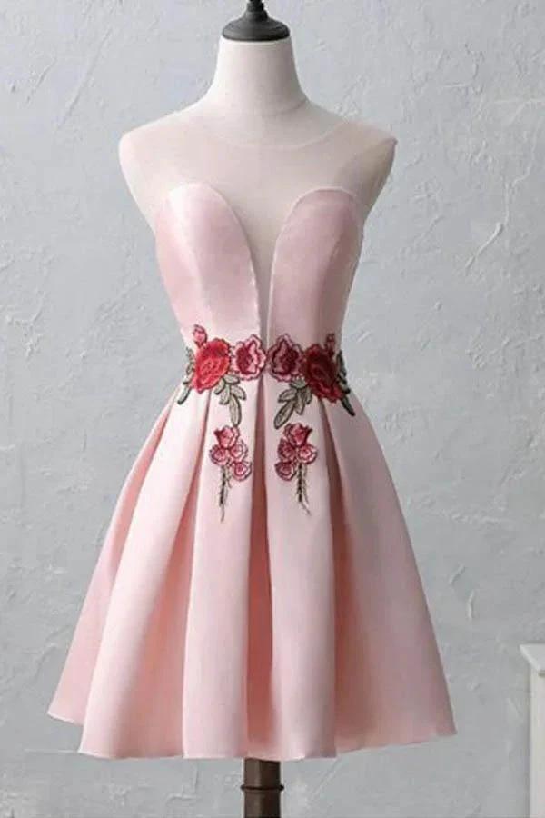 Cute Illusion Scoop Pink Short Homecoming Dresses PD217 by pgmdress