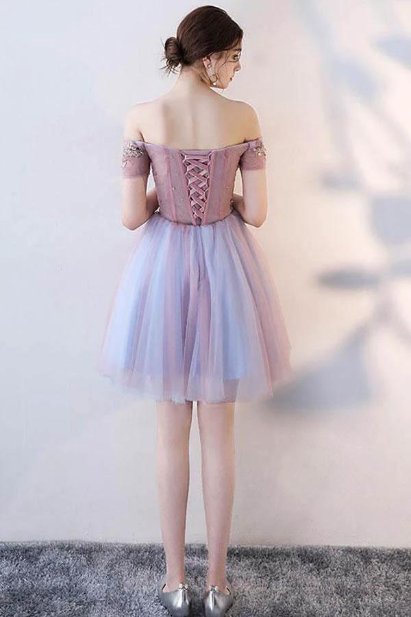 Cute Lace Off The Shoulder Tulle Short Prom Dress Homecoming Dress PD143 by pgmdress