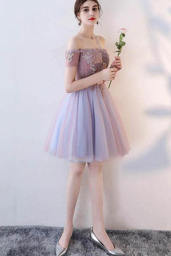 Cute Lace Off The Shoulder Tulle Short Prom Dress Homecoming Dress PD143 by pgmdress