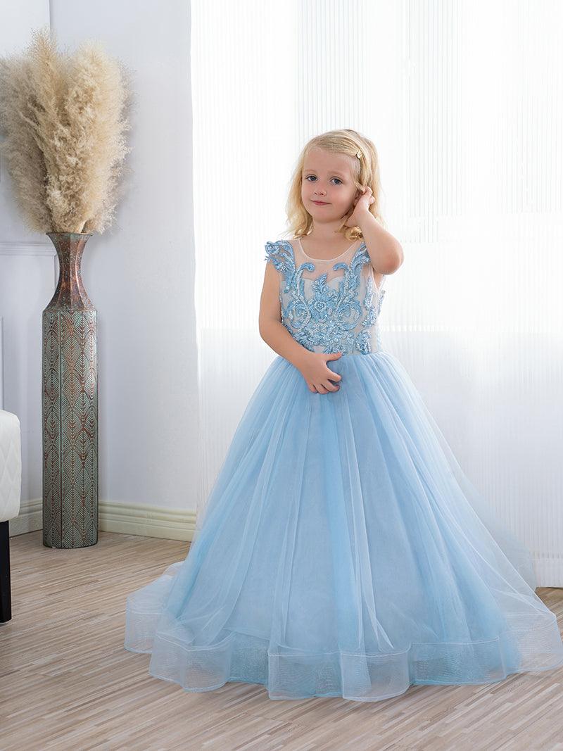 Cute Long A-line Tulle Boho Blue Flower Girl Dresses with bow - photo 2