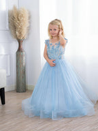 Cute Long A-line Tulle Boho Blue Flower Girl Dresses with bow - photo 3
