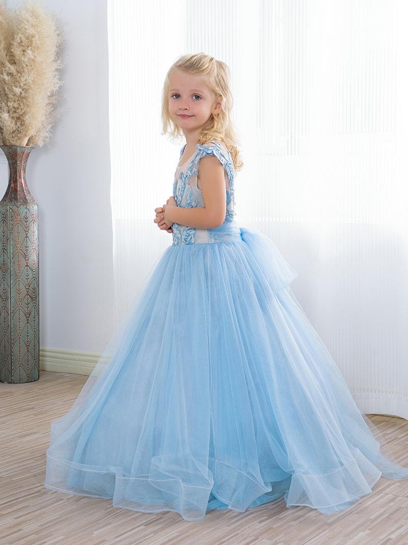 Cute Long A-line Tulle Boho Blue Flower Girl Dresses with bow - photo 4