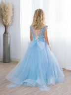 Cute Long A-line Tulle Boho Blue Flower Girl Dresses with bow - photo 5