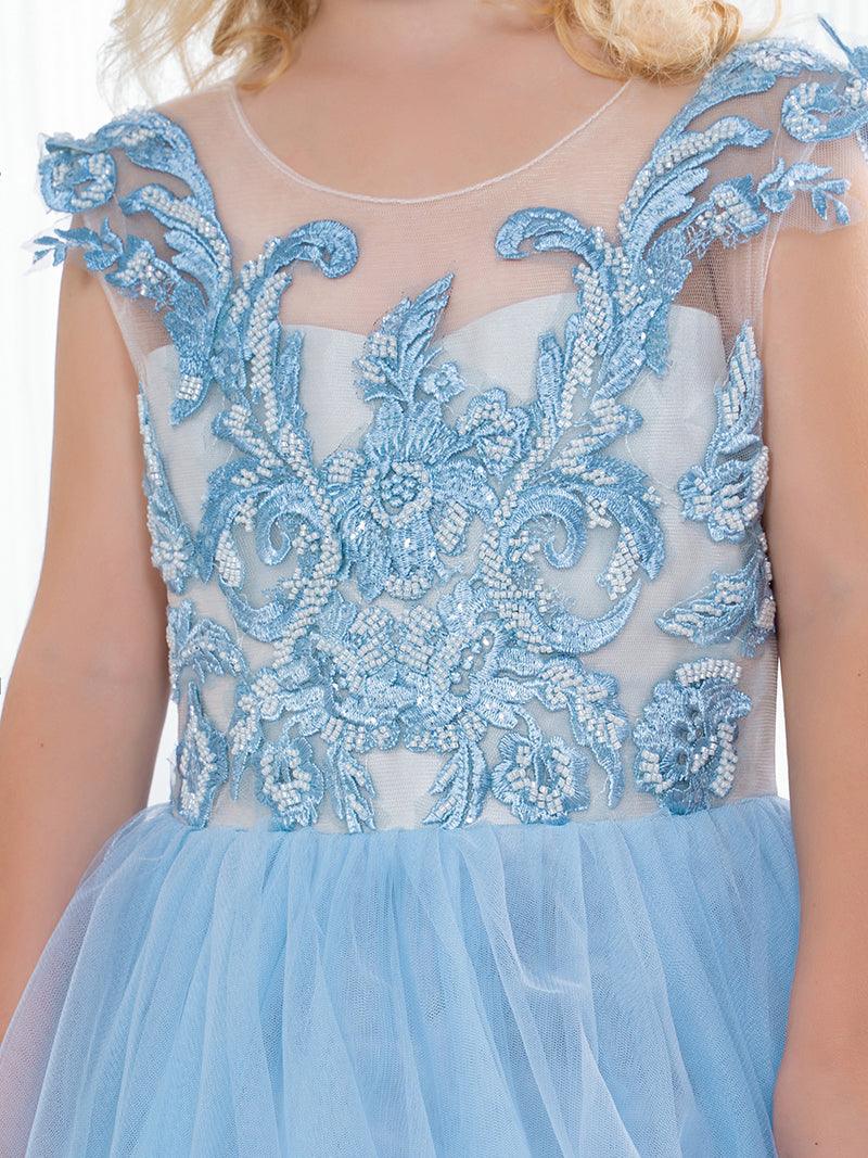 Cute Long A-line Tulle Boho Blue Flower Girl Dresses with bow - photo 6