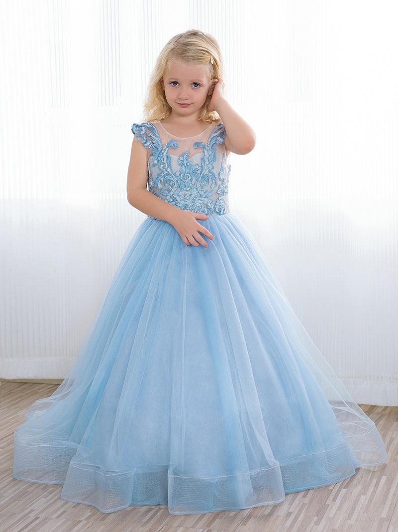 Cute Long A-line Tulle Boho Blue Flower Girl Dresses with bow - photo 1