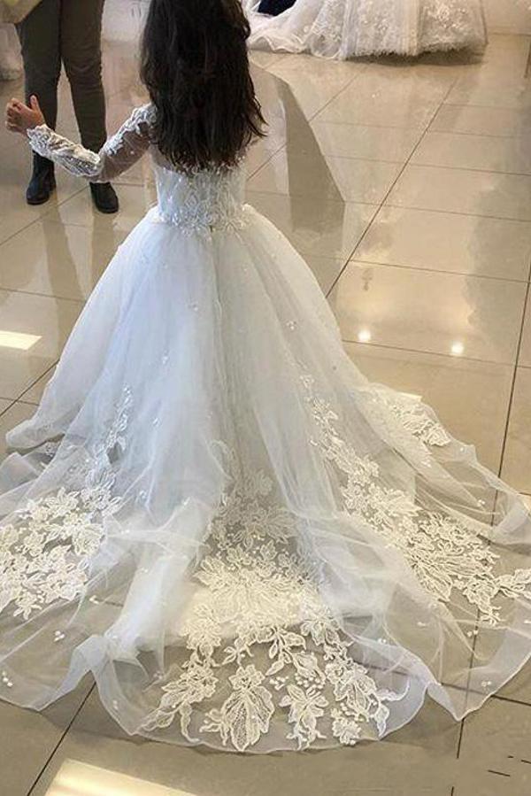 Cute Long A-line Tulle Lace Flower girl dresses with sleeves - photo 2