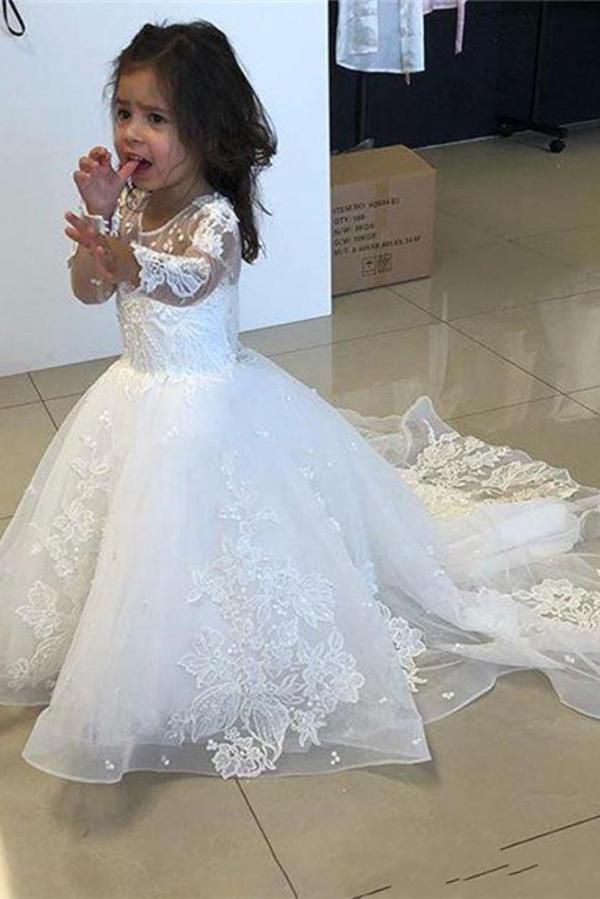 Cute Long A-line Tulle Lace Flower girl dresses with sleeves - photo 1
