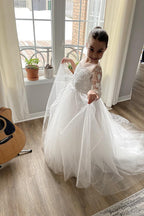Cute Long Boho A-line Lace Tulle Flower Girl Dresses with sleeves - photo 2