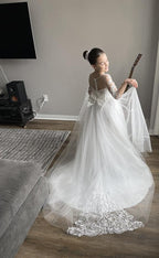 Cute Long Boho A-line Lace Tulle Flower Girl Dresses with sleeves - photo 1