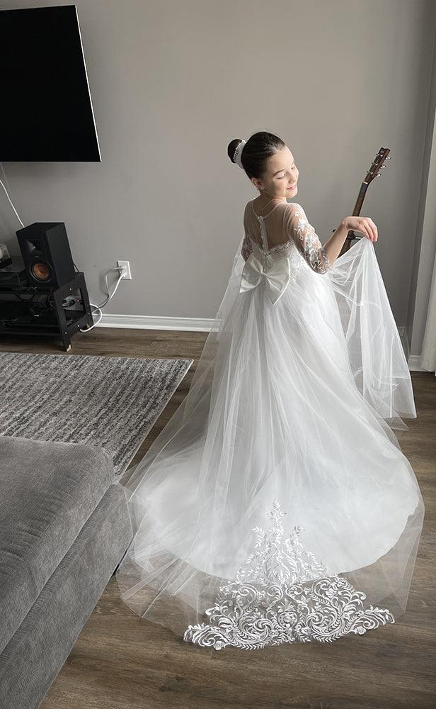 Cute Long Boho A-line Lace Tulle Flower Girl Dresses with sleeves - photo 1