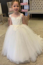 Cute Long Tulle Ball Gown Boho Flower Girl Dresses with bow - photo 1
