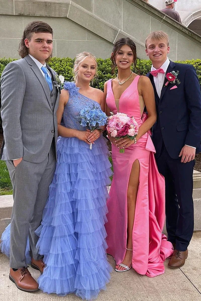 Esther | Cute Mermaid V Neck Pink Satin Long Prom Dresses with Big Bow by KissProm