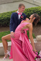 Esther | Cute Mermaid V Neck Pink Satin Long Prom Dresses with Big Bow by KissProm