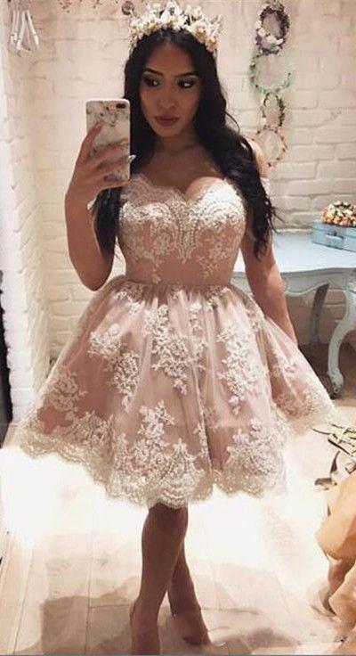 Cute Off The Shoulder A-line Short Pink Lace Homecoming Dress PG143 by pgmdress