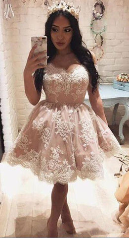 Cute Off The Shoulder A-line Short Pink Lace Homecoming Dress PG143