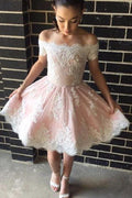 Cute Off The Shoulder A-line Short Pink Lace Homecoming Dress PG143 by pgmdress