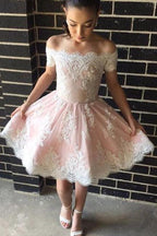 Cute Off The Shoulder A-line Short Pink Lace Homecoming Dress PG143 by pgmdress