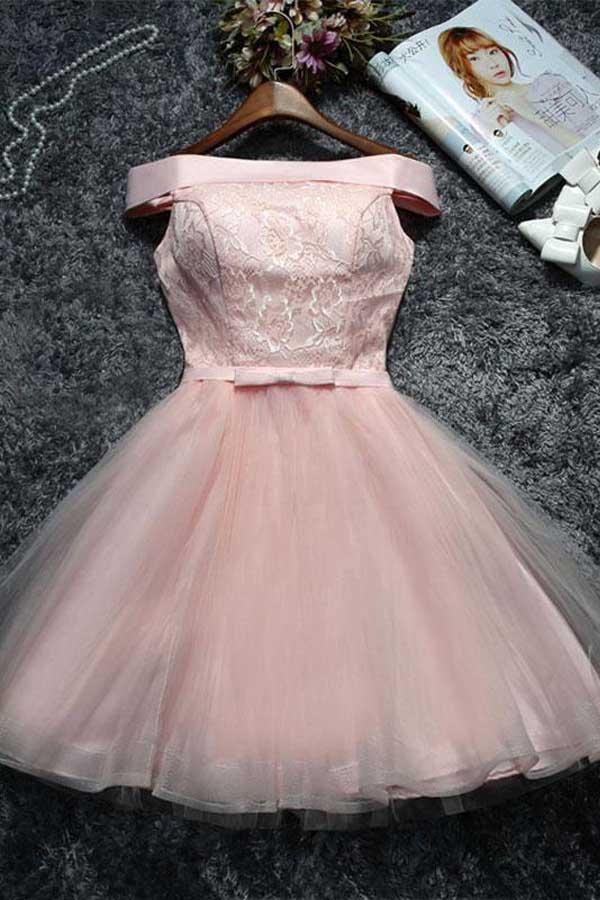 Cute Pink Lace Tulle Short Prom Dress Homecoming Dress PD144 Hover Image