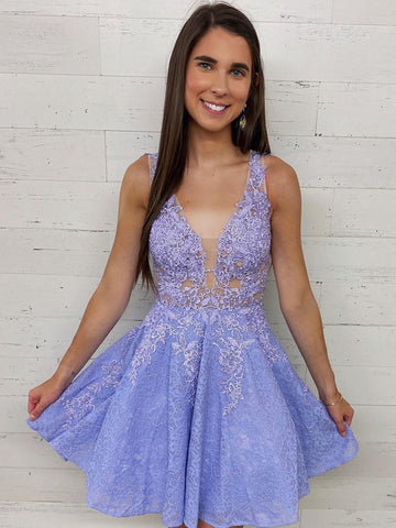Cute Purple Short A-line V Neck Lace Prom Homecoming Dresses