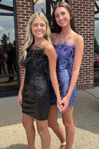 Cute Sequins Feathers Strapless Sleeveless Short Prom Dresses by misshow.com