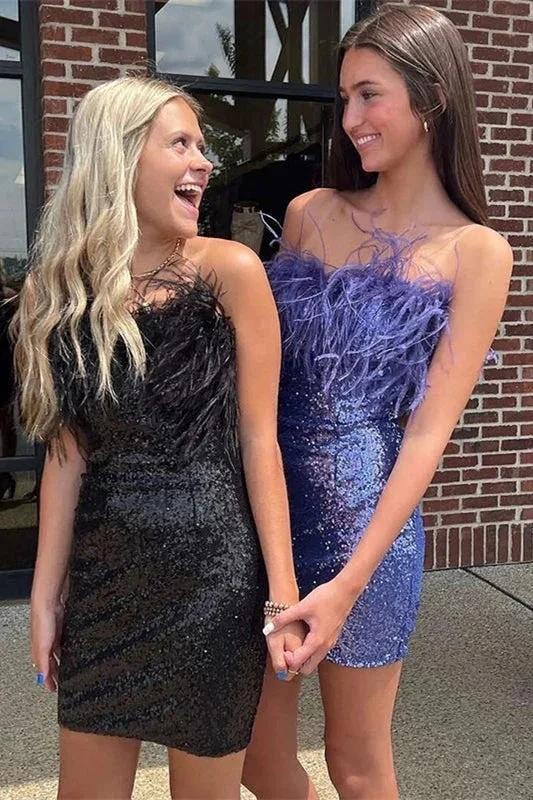 Cute Sequins Feathers Strapless Sleeveless Short Prom Dresses by misshow.com