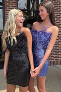 Cute Sequins Feathers Strapless Sleeveless Short Prom Dresses by misshow.com