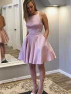 Cute Short A-line Backless Satin Prom Homecoming Dresses with Pocket by BIZTUNNEL