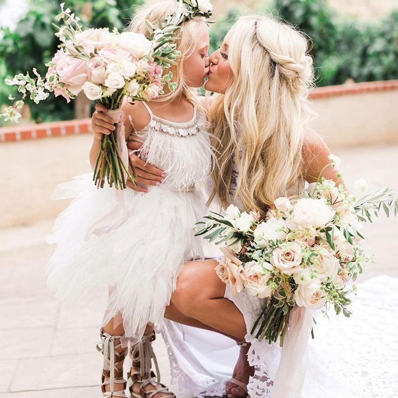 Cute Short A-line Spaghetti Straps Feather Flower Girl Dresses - photo 2