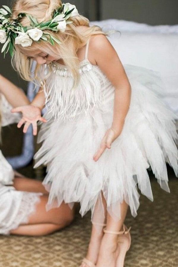 Cute Short A-line Spaghetti Straps Feather Flower Girl Dresses - photo 1