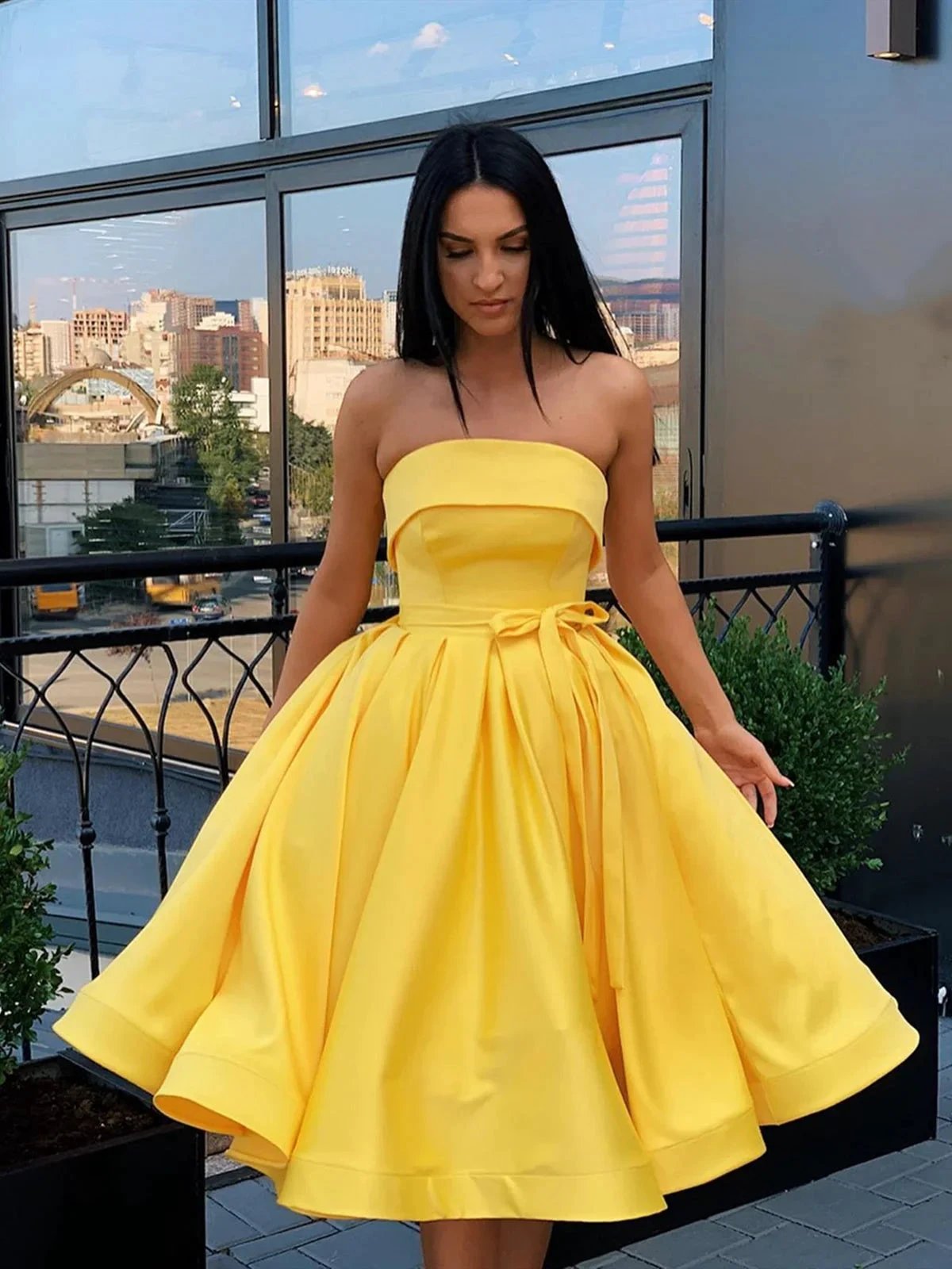 Cute Short A-line Strapless Satin Prom Homecoming Dresses by BIZTUNNEL