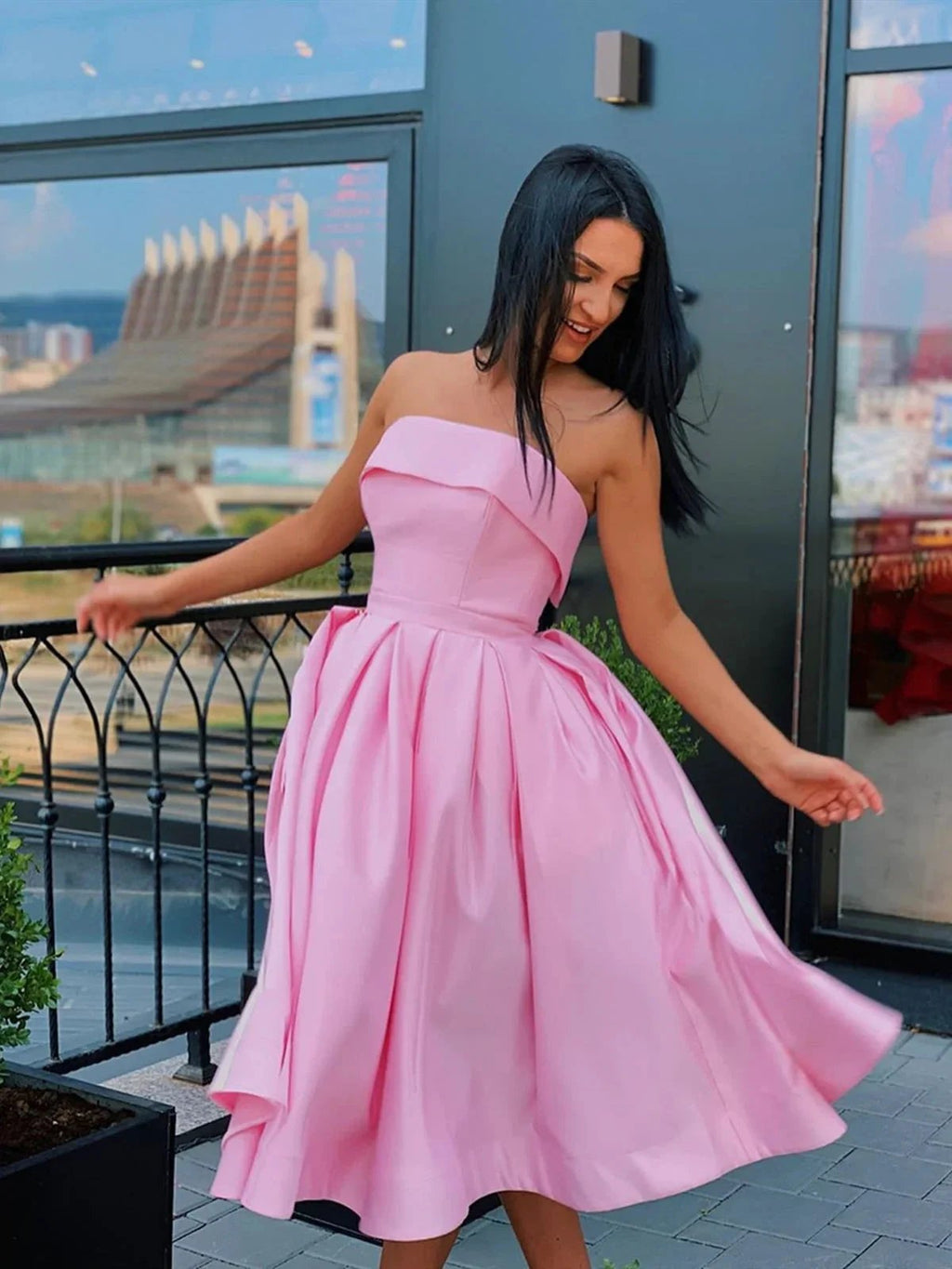 Cute Short A-line Strapless Satin Prom Homecoming Dresses by BIZTUNNEL