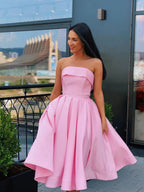 Cute Short A-line Strapless Satin Prom Homecoming Dresses by BIZTUNNEL