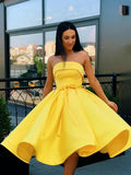 Cute Short A-line Strapless Satin Prom Homecoming Dresses by BIZTUNNEL