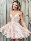 Cute Short A-line V Neck Lace Appliques Prom Homecoming Dresses by BIZTUNNEL