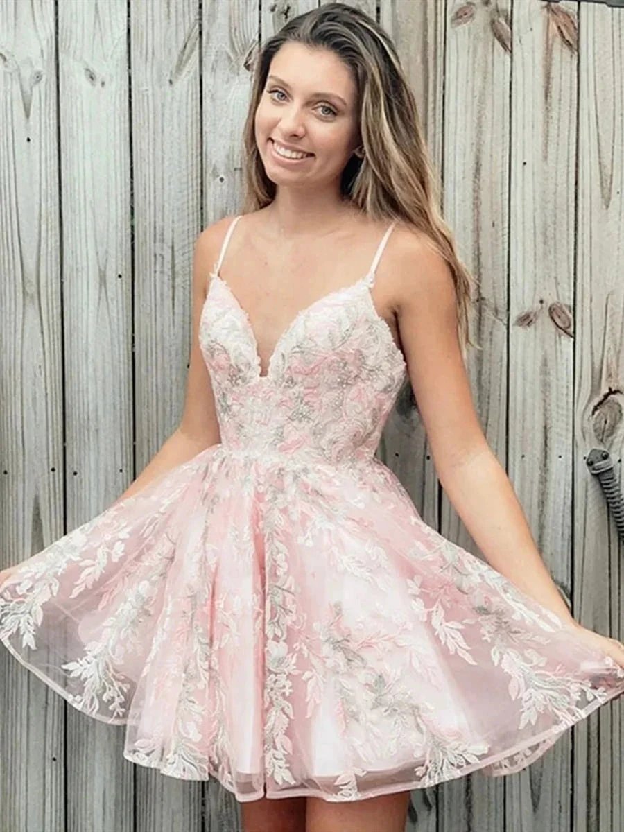 Cute Short A-line V Neck Lace Appliques Prom Homecoming Dresses by BIZTUNNEL