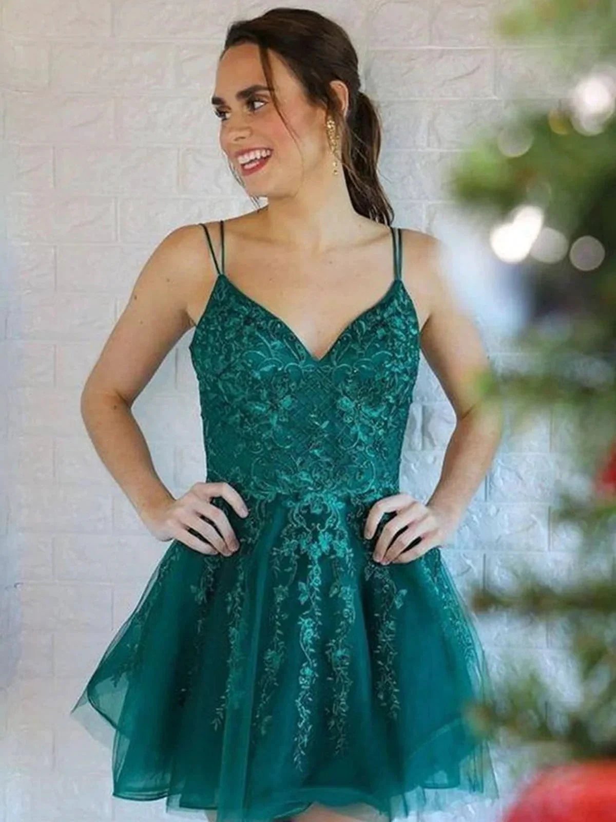 Cute Short A-line V Neck Lace Tulle Prom Homecoming Dresses by BIZTUNNEL