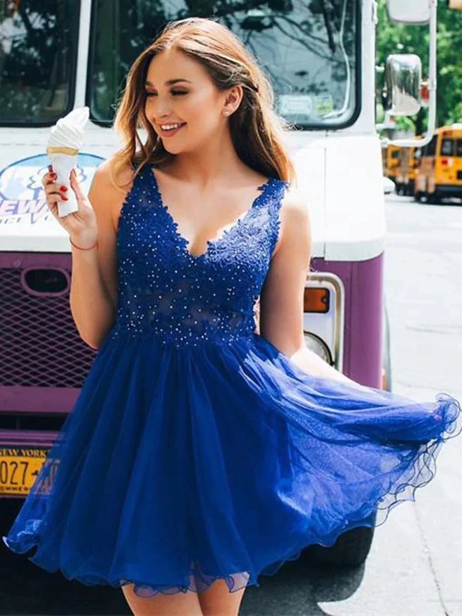 Cute Short A-line V Neck Open Back Lace Prom Dresses Homecoming Dresses by BIZTUNNEL