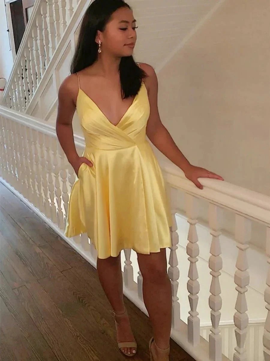 Cute Short A-line V Neck Satin Prom Homecoming Dresses with Pockets by BIZTUNNEL