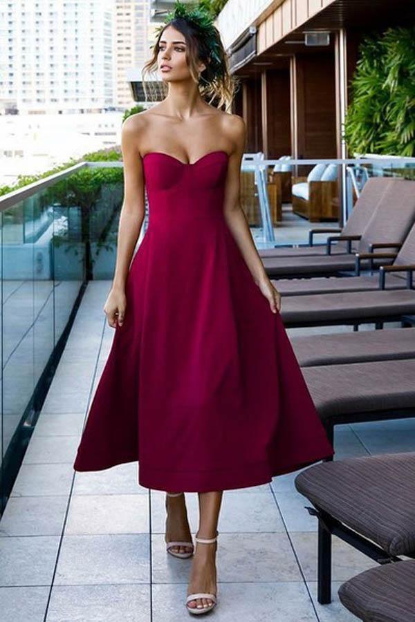 Cute Tea Length Grape Satin A-Line Sweetheart Prom Party Dress PD296 Hover Image