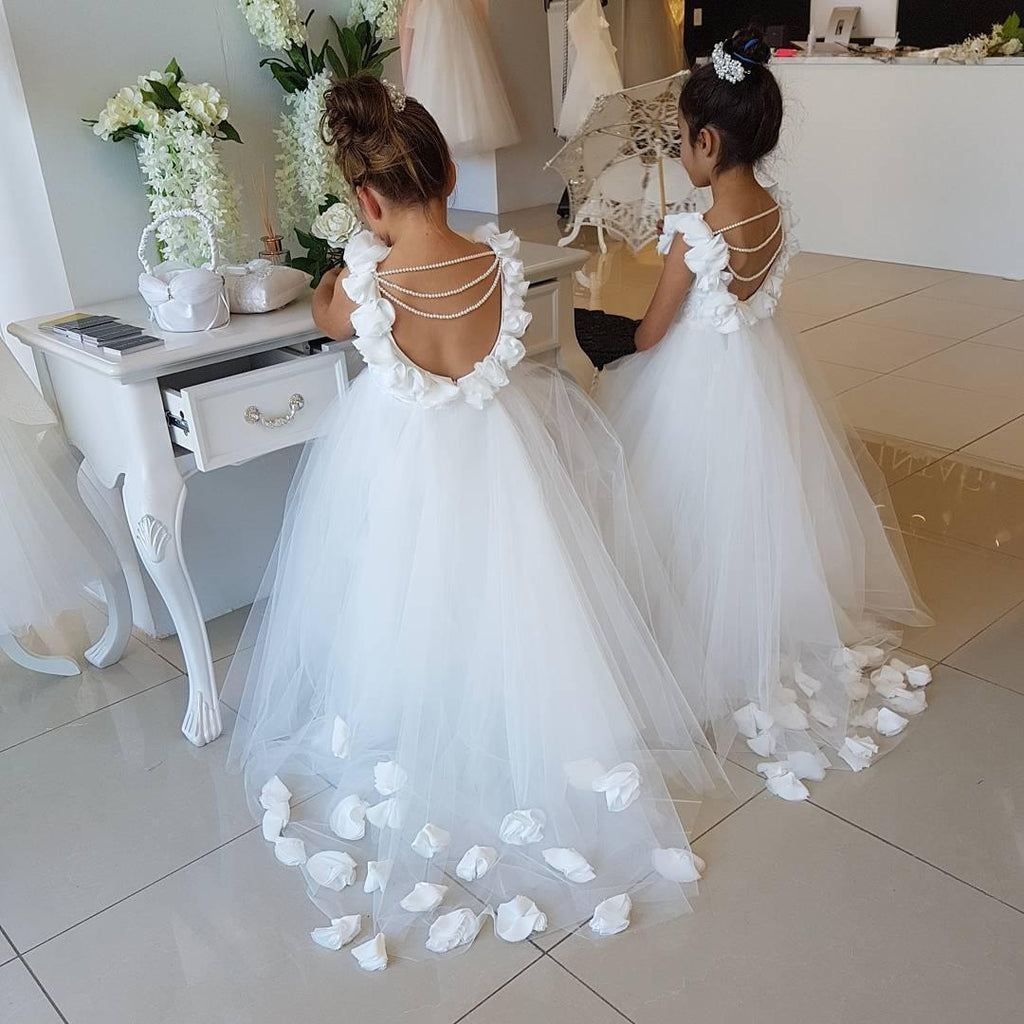 Cute Tulle Appliques Backless Flower Girl Dresses with Pearls - photo 2