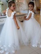 Cute Tulle Appliques Backless Flower Girl Dresses with Pearls - photo 1