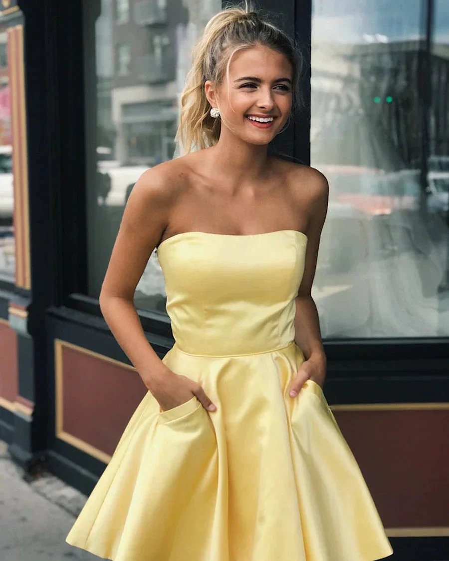Cute Yellow A-line Strapless Satin Short Prom Homecoming Dresses with Pockets by BIZTUNNEL